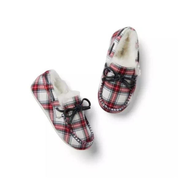 Janie and Jack Bradbury Red Plaid Faux Fur Slipper Size 4 EUC - Picture 1 of 9